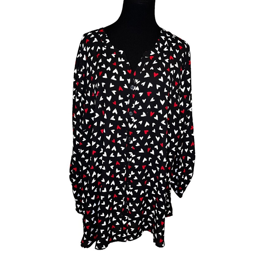 Catherine’s Valentines Heart Blouse Plus Size 3x 26/28 Tunic Graphic Fun Black